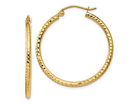 14k Yellow Gold 30mm x 2mm Diamond-cut Round Tube Hoop Earrings