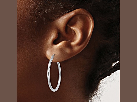 14k White Gold 30mm x 2mm Diamond-cut  Round Tube Hoop Earrings