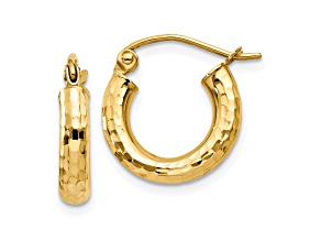 Roy Rose Jewelry 10K Yellow Gold Satin & Diamond-cut 3mm Round Hoop Earrings ~ 10mm length 