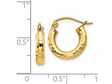 14k Yellow Gold 14mm x 3mm Diamond-cut  Round Hoop Earrings