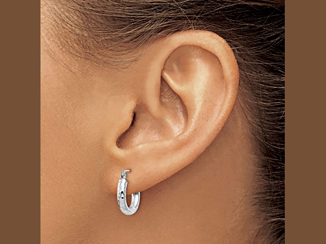 14k White Gold 14mm x 3mm Diamond-cut  Round Hoop Earrings