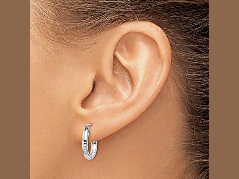 14k White Gold 16mm x 3mm  Diamond-cut  Round Hoop Earrings