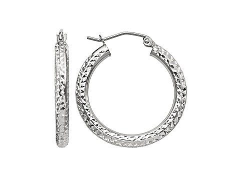 14k White Gold 25mm x 3mm Diamond-cut Round Hoop Earrings