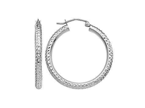 14k White Gold 30mm x 3mm  Diamond-cut Round Hoop Earrings