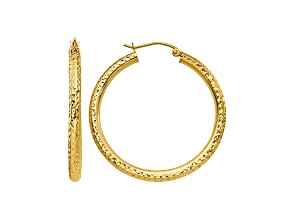 14k Yellow Gold 35mm x 3mm Diamond-cut Round Hoop Earrings
