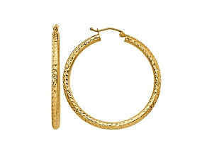 14k Yellow Gold40mm x 3mm Diamond-cut Round Hoop Earrings