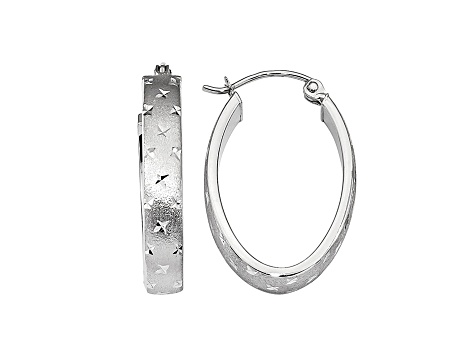 14k White Gold 22.5mm x 4mm Polished, Satin and Diamond-cut Hoop Earrings