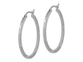 14k White Gold 31.55mm x 1.75mm Satin and Diamond-cut Square Tube Hoop Earrings