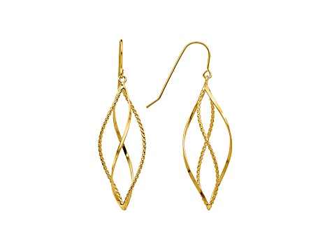 14k Yellow Gold Polished and Textured Twisted Dangle Earrings
