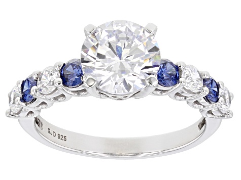 Pre-Owned Blue And White Cubic Zirconia Rhodium Over Sterling Silver Ring 3.78ctw (2.52ctw DEW)