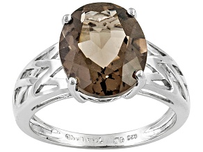 Pre-Owned Brown Brazilian Smoky Quartz Rhodiium Over Sterling Silver Ring 3.40ct.