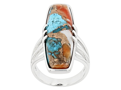Pre-Owned Blended Turquoise and Spiny Oyster Shell Rhodium Over Silver Ring