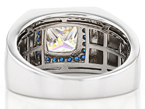 Pre-Owned Strontium Titanate And Lab Created Blue Spinel Rhodium Over Silver Mens Ring 3.49