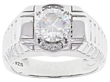 Picture of Pre-Owned Strontium Titanate And White Zircon Rhodium Over Silver Mens Ring 2.90ctw.