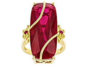 Pre-Owned Red Lab Created Ruby 18k Yellow Gold Over Sterling Silver 3-stone Ring 21.43ctw