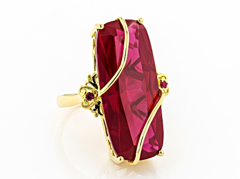 Pre-Owned Red Lab Created Ruby 18k Yellow Gold Over Sterling Silver 3-stone Ring 21.43ctw