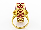 Pre-Owned Red Lab Created Ruby 18k Yellow Gold Over Sterling Silver 3-stone Ring 21.43ctw