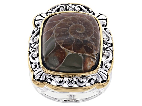 Pre-Owned Brown Ammonite Shell Rhodium & 18k Gold Over Silver Two-Tone Ring