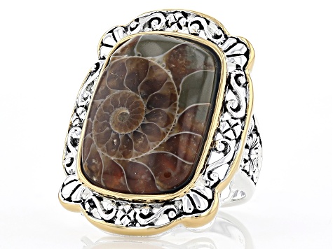 Pre-Owned Brown Ammonite Shell Rhodium & 18k Gold Over Silver Two-Tone Ring