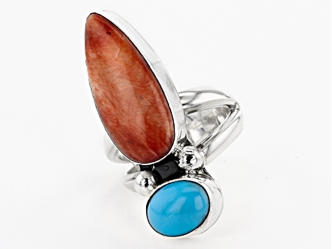 Pre-Owned Spiny Oyster Shell with Sleeping Beauty Turquoise Rhodium Over Silver Ring