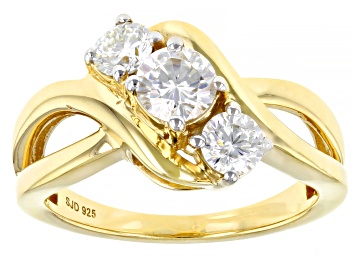 Picture of Pre-Owned Moissanite 14k Yellow Gold Over Silver Three Stone Ring .96ctw DEW.