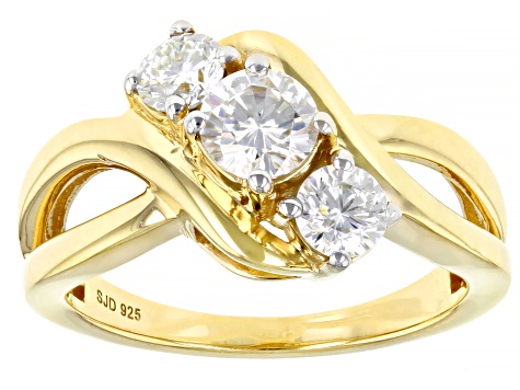 Pre-Owned Moissanite 14k Yellow Gold Over Silver Three Stone Ring .96ctw DEW.