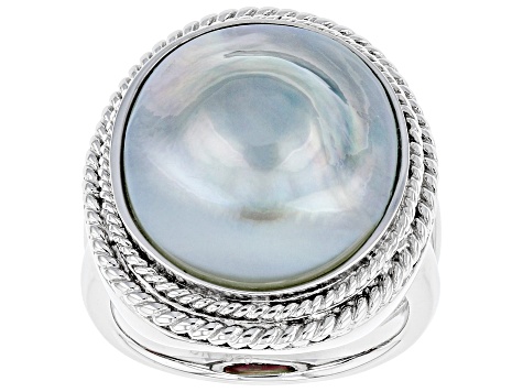 Pre-Owned Silver Cultured South Sea Mabe Pearl Rhodium Over Sterling Silver Ring