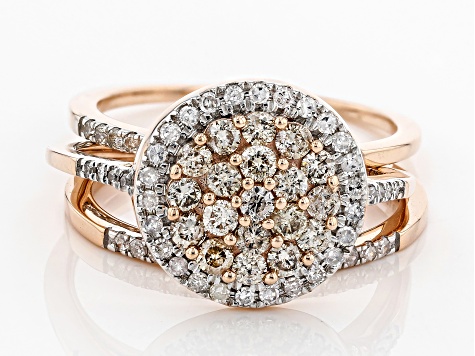 Pre-Owned Champagne & White Diamond 10K Rose Gold Cluster Ring With Bands 1.00ctw