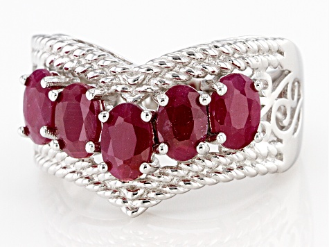 Pre-Owned Red Ruby Rhodium Over Sterling Silver Chevron Ring 3.10ctw