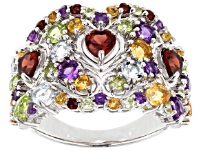 Pre-Owned Multi-color gemstone Rhodium Over Sterling Silver Band Ring 3.28ctw