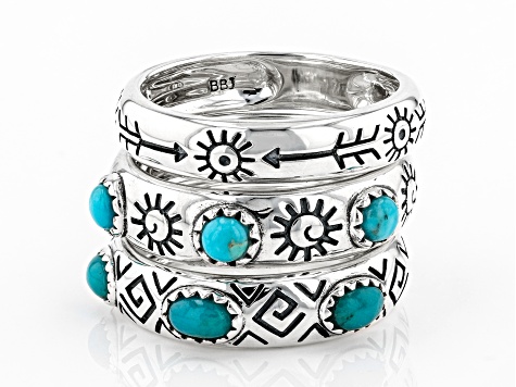 Pre-Owned Turquoise Rhodium Over Silver Stackable Ring Set Of Three