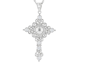 Picture of Pre-Owned White Cubic Zirconia Rhodium Over Sterling Silver Cross Pendant With Chain 1.20ctw