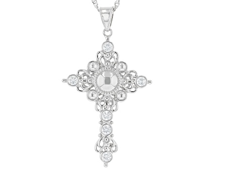 Pre-Owned White Cubic Zirconia Rhodium Over Sterling Silver Cross Pendant With Chain 1.20ctw