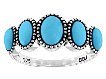 Picture of Pre-Owned Blue Sleeping Beauty Turquoise Rhodium Over Sterling Silver Ring 7x5mm, 6x4mm, And 5x3mm