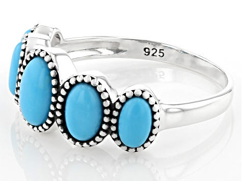 Pre-Owned Blue Sleeping Beauty Turquoise Rhodium Over Sterling Silver Ring 7x5mm, 6x4mm, And 5x3mm
