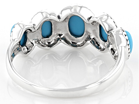 Pre-Owned Blue Sleeping Beauty Turquoise Rhodium Over Sterling Silver Ring 7x5mm, 6x4mm, And 5x3mm