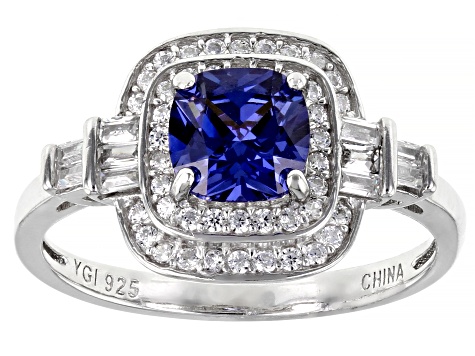 Pre-Owned Blue And White Cubic Zirconia Rhodium Over Sterling Silver Ring 2.57ctw
