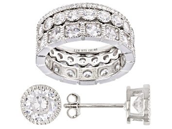 Picture of Pre-Owned White Cubic Zirconia Rhodium Over Sterling Silver Stud Earrings and Band Ring Set of 3 7.8