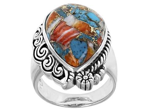 Pre-Owned Blended Turquoise and Spiny Oyster Shell Rhodium Over Silver Ring