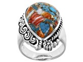 Pre-Owned Blended Turquoise and Spiny Oyster Shell Rhodium Over Silver Ring