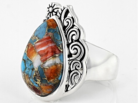 Pre-Owned Blended Turquoise and Spiny Oyster Shell Rhodium Over Silver Ring