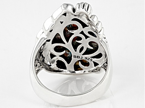Pre-Owned Blended Turquoise and Spiny Oyster Shell Rhodium Over Silver Ring