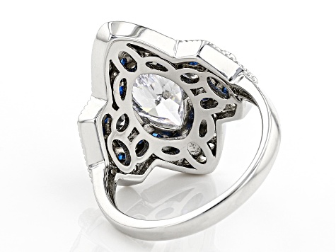 Pre-Owned White Cubic Zirconia And Lab Created Blue Spinel Rhodium Over Silver Ring 4.44ctw