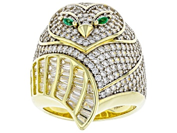 Picture of Pre-Owned White Cubic Zirconia And Emerald Simulant 18K Yellow Gold Over Silver Owl Ring 4.76ctw