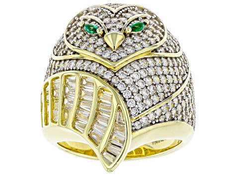 Pre-Owned White Cubic Zirconia And Emerald Simulant 18K Yellow Gold Over Silver Owl Ring 4.76ctw