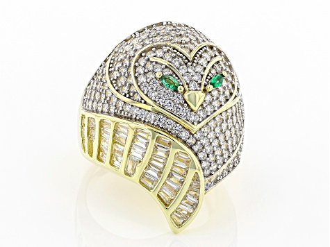 Pre-Owned White Cubic Zirconia And Emerald Simulant 18K Yellow Gold Over Silver Owl Ring 4.76ctw