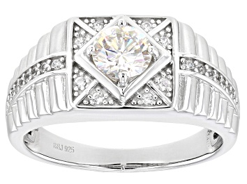 Picture of Pre-Owned Strontium Titanate And White Zircon Rhodium Over Silver Mens Ring 1.32ctw.