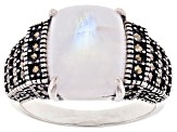 Pre-Owned Rainbow Moonstone with Marcasite Rhodium Over Sterling Silver Ring.