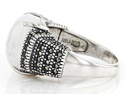 Pre-Owned Rainbow Moonstone with Marcasite Rhodium Over Sterling Silver Ring.