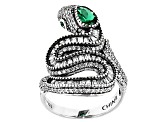 Pre-Owned White Cubic Zirconia And Emerald Simulant Rhodium Over Silver Snake Ring 3.16ctw